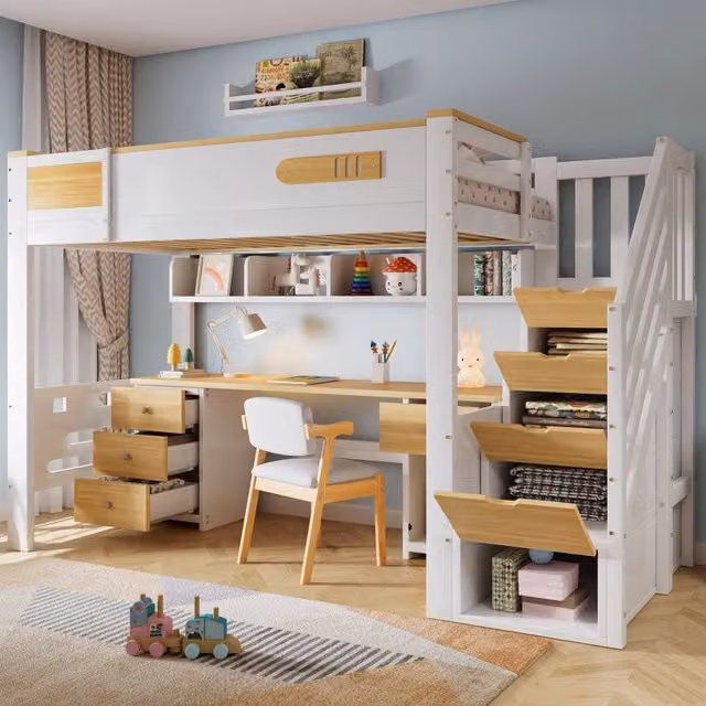 Letto a castello 90x200 cm Bianco legno naturale con scrivania, cassetti, scala contenitore e scaffale sospeso, salvaspazio per cameretta