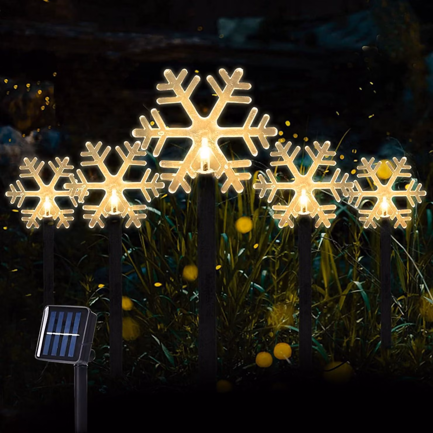 5 luci natalizie in acrilico, alimentate a batteria, con tecnologia LED, luce bianco caldo, a forma di fiocchi di neve