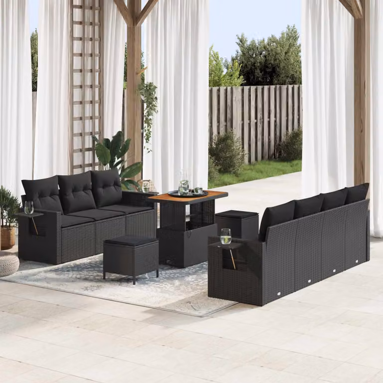 Set Divano da Giardino vidaXL 10 Pezzi in Polyrattan Nero con Cuscini e Tavolino da Esterno