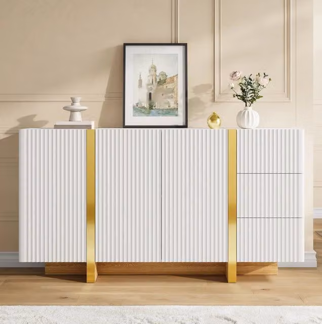 Madia sideboard con 3 ante; 3 cassetti e finitura rigata; 140x36x75 cm; bianco