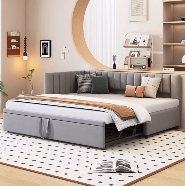 Divano letto L 90x200 cm grigio in velluto con letto estraibile