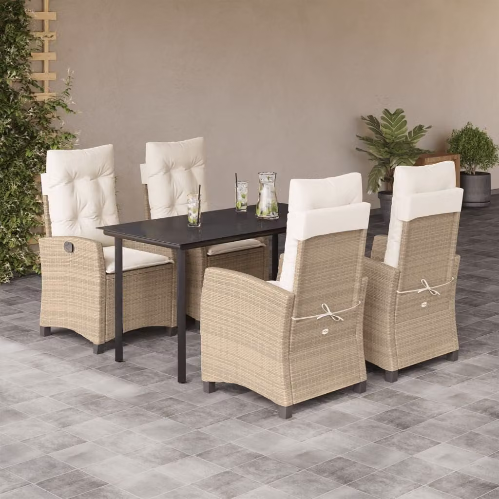 Set da Pranzo da Giardino vidaXL in Polyrattan con Cuscini Beige e Tavolo in Vetro 5 Pezzi – 1