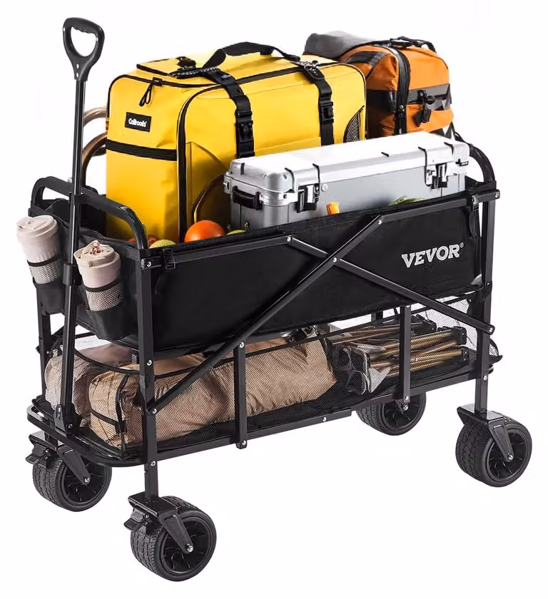 Carrello pieghevole a due piani – Capacità di carico: 450 libbre – Volume: 300 litri – Struttura in acciaio – Ideale per campeggio e shopping