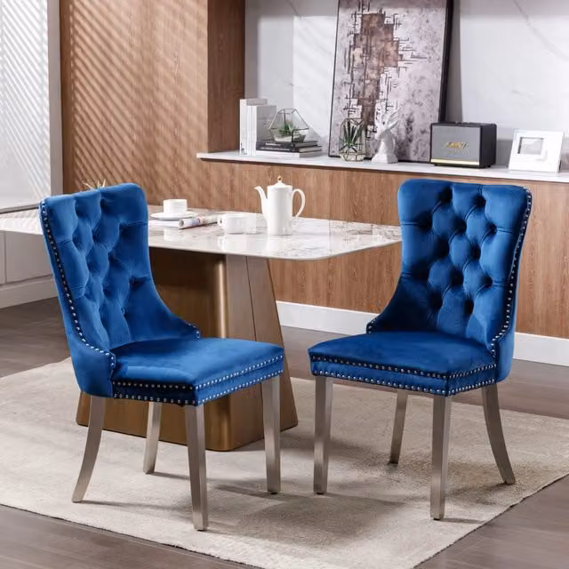 Set di 2 sedie da pranzo MINIMAL imbottite in velluto blu con gambe in legno massello e metallo cromato