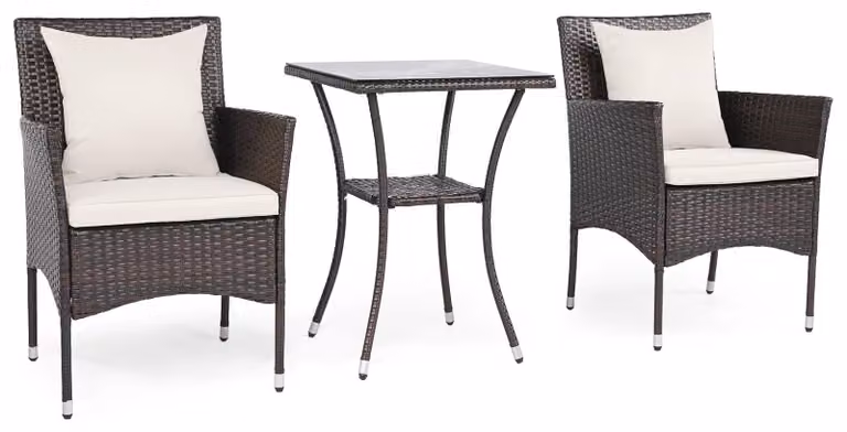 Set da giardino in rattan composto da 3 pezzi con cuscini e tavolo in vetro.