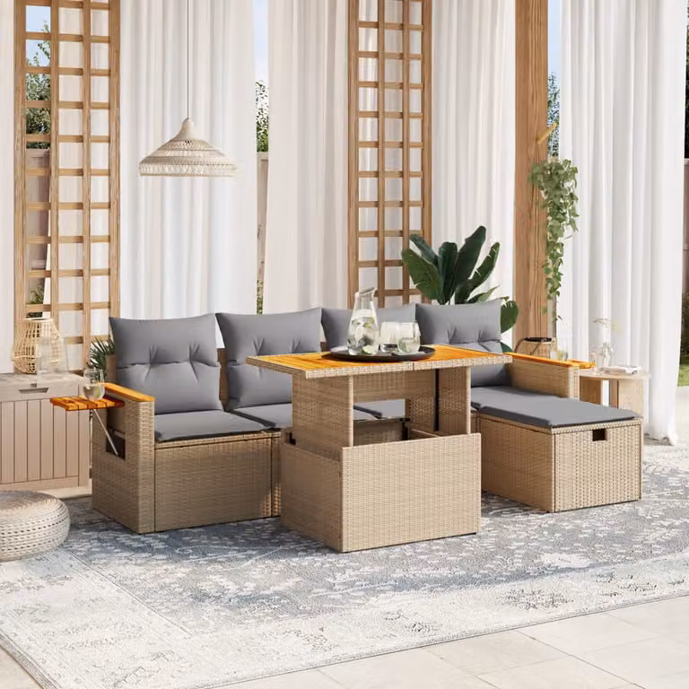 vidaXL Set Divano da Giardino a L 6 pz in Polyrattan con Cuscini Beige e Tavolino da Esterno