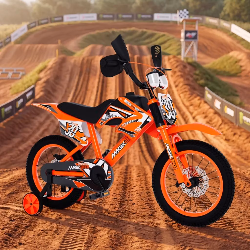 Bicicletta per Bambini MagikBike Motocross 16 pollici Arancione in Metallo con Freni a Disco e Suono Motore – 2