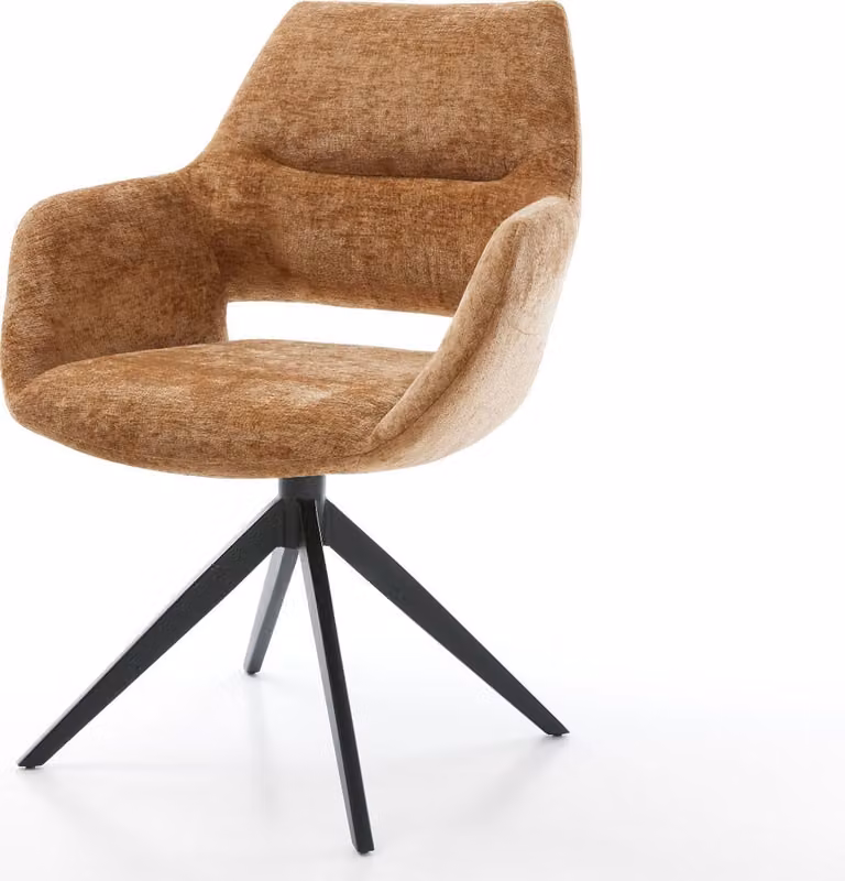 Sedia girevole DELIFE Yago-Flex con braccioli, rivestita in tessuto chenille color ruggine, base a croce nera, ampia, girevole a 360°, con funzione basculante e imbottitura in molle insacchettate