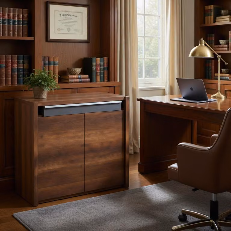 Credenza compatta in legno marrone con tocchi moderni