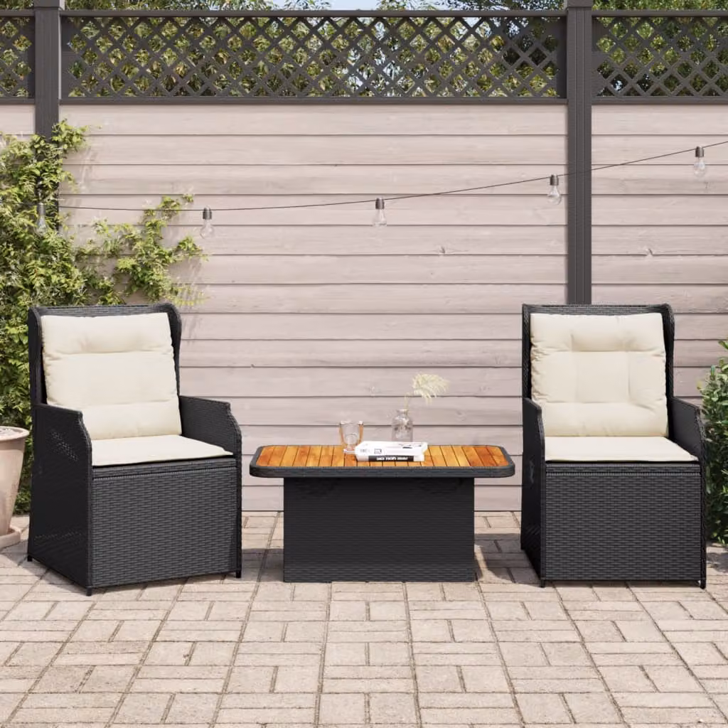 Set da giardino vidaXL composto da 3 pezzi con poltrona lounge, tavolino da caffè e cuscini imbottiti in rattan e metallo nero