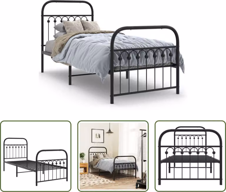 The Living Store Struttura letto con testiera e pediera in metallo nero 75x190 cm