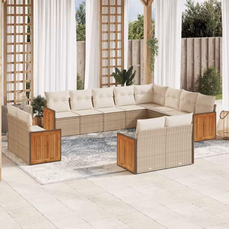 vidaXL Set Divani da Giardino 12 pz a Forma a U in Polyrattan con Cuscini Beige e Struttura in Acciaio e Legno di Acacia