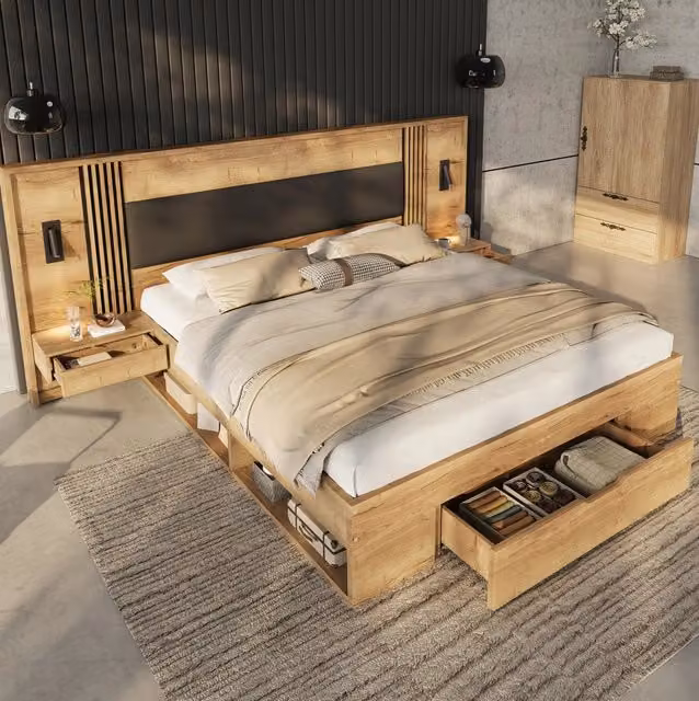 Letto matrimoniale 180x200 cm con contenitori, struttura in MDF, lampada da lettura e 2 comodini naturali