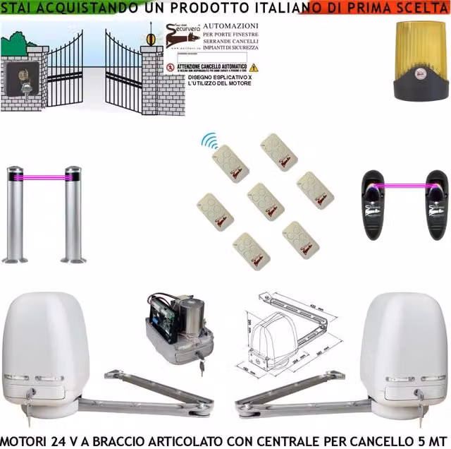 Cancello Elettrico Kit Motori a Braccio Articolato 24 V 2 Ante da 0,5 a 2,5 MT Centrale 220/24 V Selettore 7 Radiocomandi Faro 2 Fotocellule 2 Paline