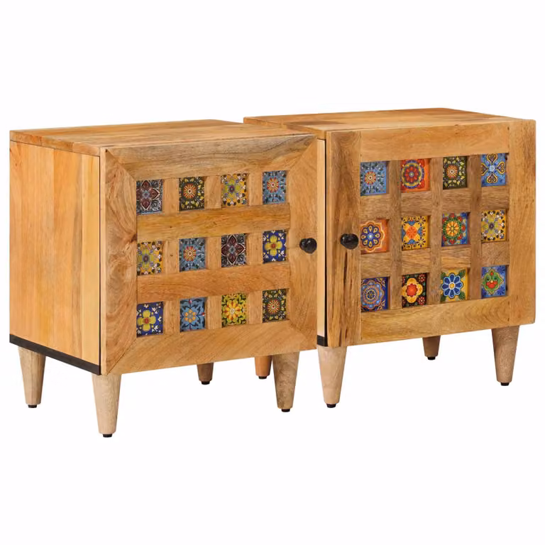 Set di 2 Armadi da Notte vidaXL in Legno di Mango, Colore Marrone Multicolore, L 40 x P 33 x H 46 cm