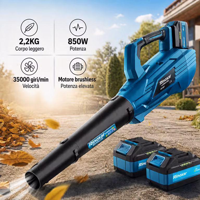 Soffiatore senza fili 18V/5200mAh - 850W brushless, 180 km/h - 5 velocità regolabili & 2 ugelli intercambiabili