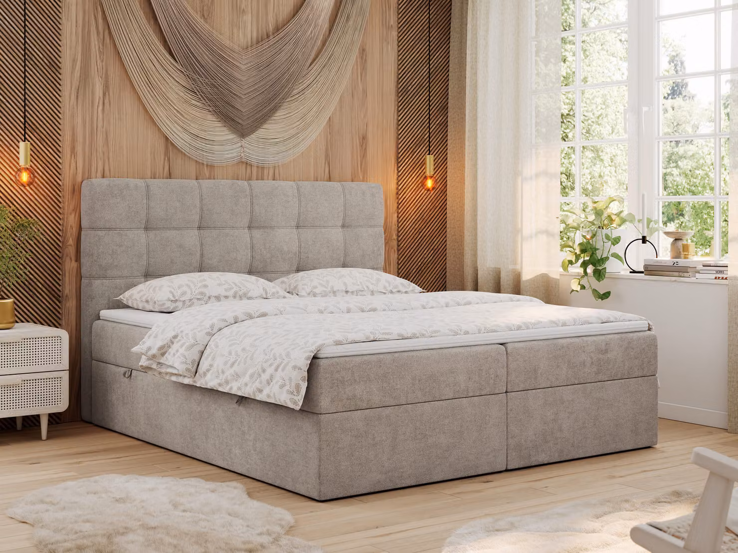 Letto boxspring MKS MEBLE 140x200 con materasso, letto con materasso Multipocket H4 e topper, letto imbottito 140x200 con contenitore e testiera, ERNI - Beige Strutture