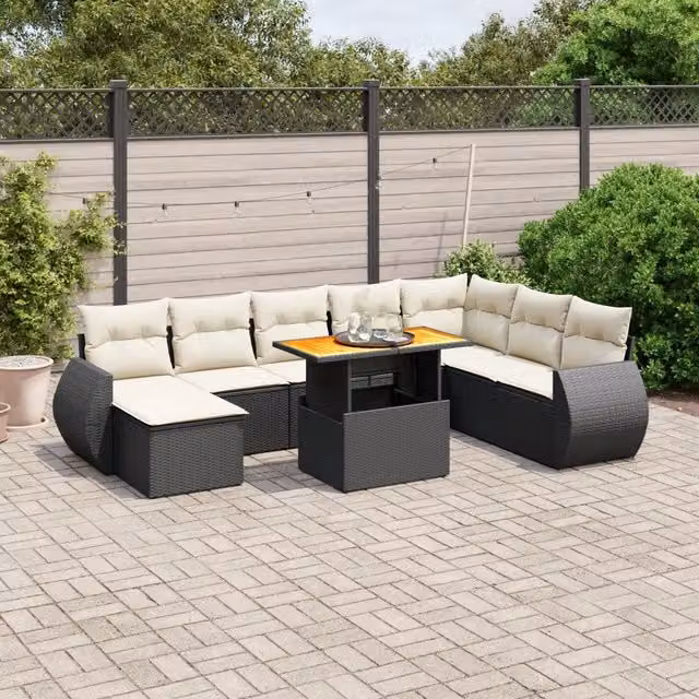 Set Divani da Giardino 9 pz con Cuscini Nero in Polyrattan 3272330
