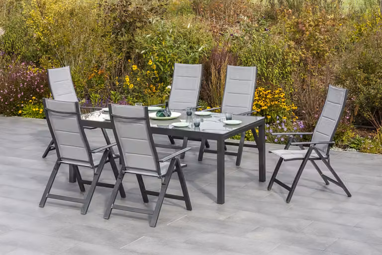 Set di mobili da giardino Merxx "Florenz" da 7 pezzi con tavolo allungabile 200/300 x 110 cm - Struttura in alluminio color grafite con rivestimento in tessuto grigio