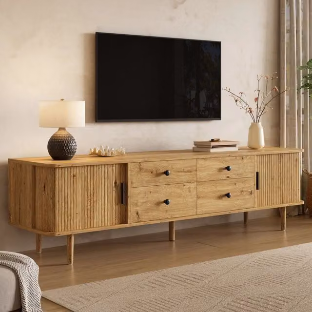 Mobile TV 165 cm in MDF con 4 cassetti e 2 ante scorrevoli, ampio spazio contenitore, angoli arrotondati