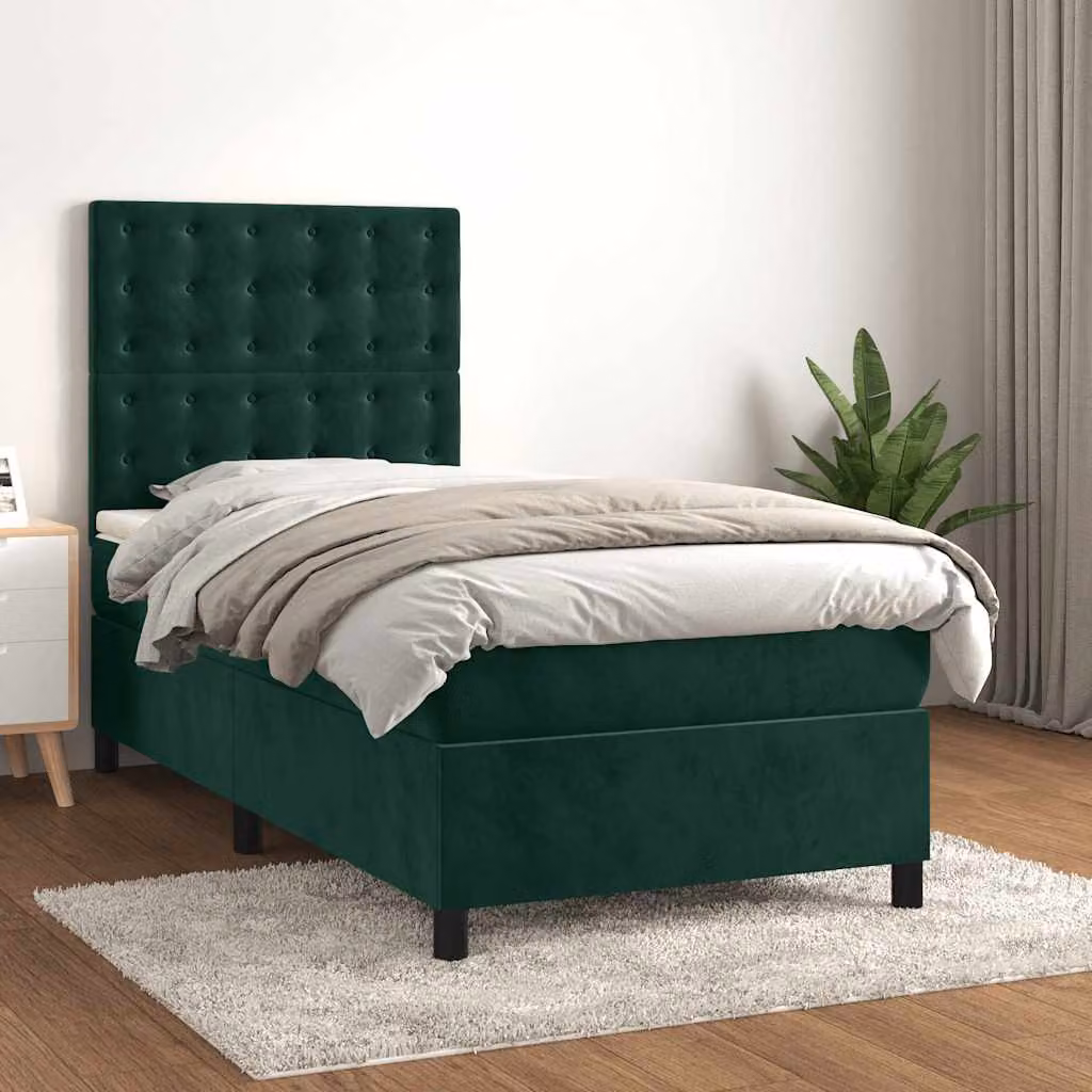 Letto Ibrido vidaXL con Giroletto a Molle e Materasso a Tasche in Velluto Verde Scuro L/P/H: 90 x 190 cm