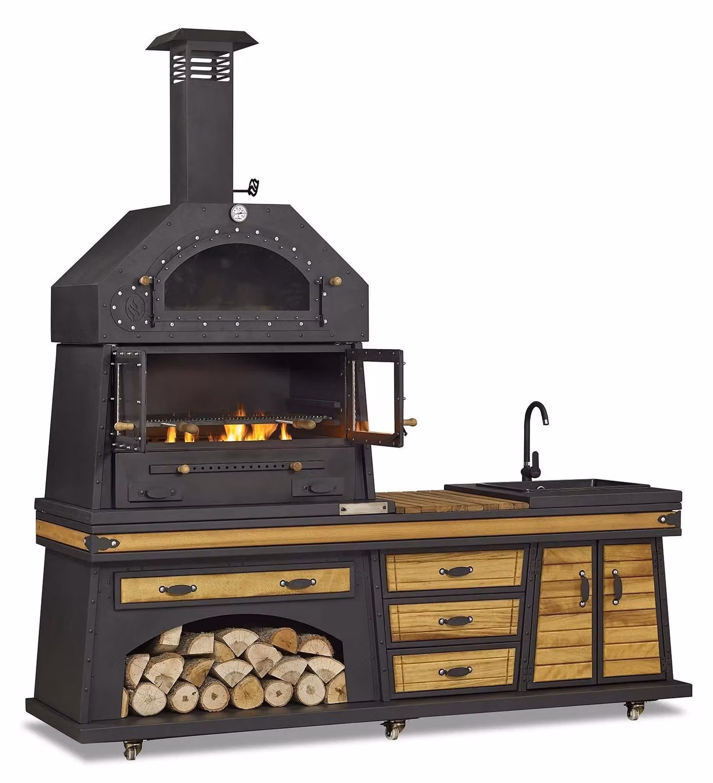 Schwarze Außenküche aus Holz und Edelstahl modern und wetterfest