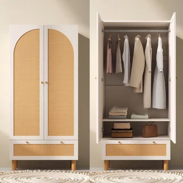 Armadio guardaroba 2 ante 180x85x52 cm con rattan; grande cassetto; ripiani regolabili; asta appendiabiti; bianco