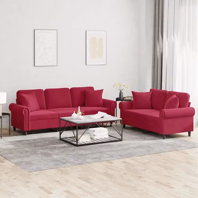 Set di 2 divani vidaXL in velluto rosso con cuscini per soggiorno in stile moderno