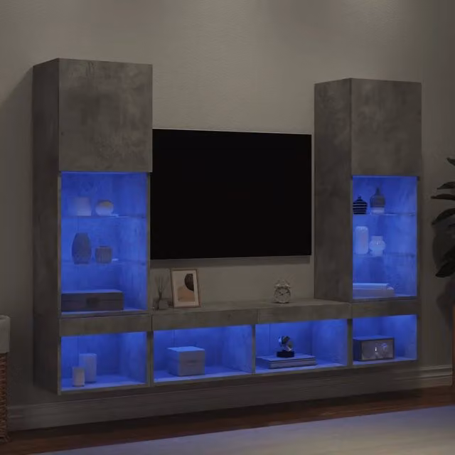 Mobile TV a muro moderno vidaXL con illuminazione LED integrata, Grigio Cemento e Legno, set da 5 pezzi – 1