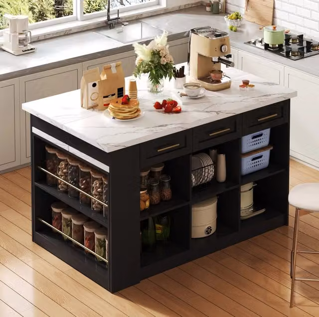 Isola da cucina ULEVR 150x90x90 cm con tavolo estraibile 80x96 cm, 6 cassetti e vani, nero e marmo bianco