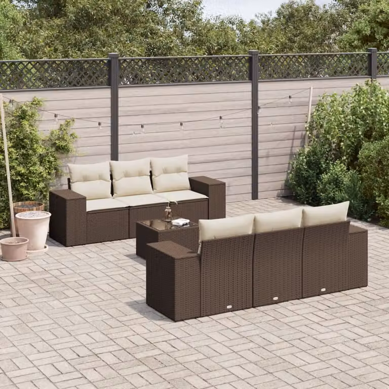 Set di divani da giardino vidaXL in polyrattan marrone con cuscini e tavolino da esterno 7 pezzi