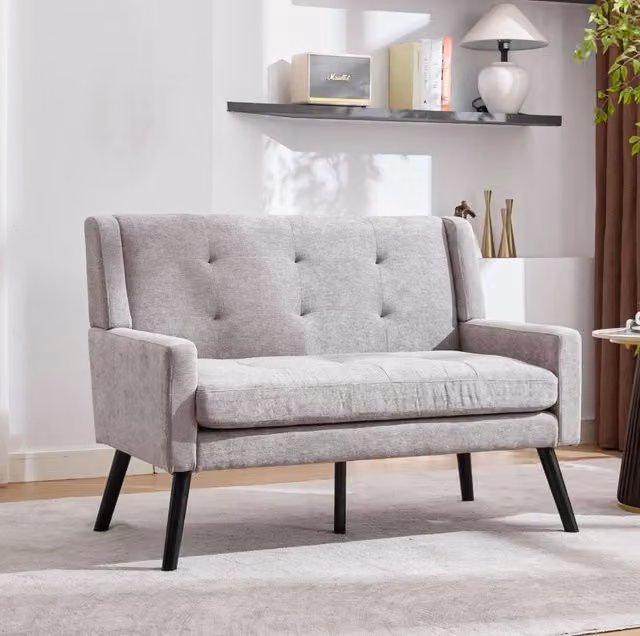 Divano 2 posti 119x75x88 cm in lino grigio chiaro, capitonné, per spazi piccoli –