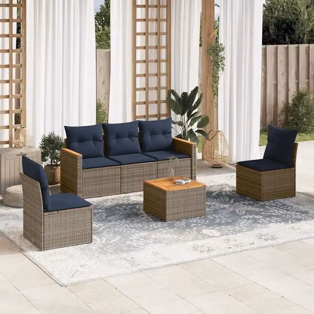 Set da giardino vidaXL composto da 6 pezzi con divani e tavolino, include cuscini grigi e blu in polyrattan e struttura in acciaio verniciato a polvere