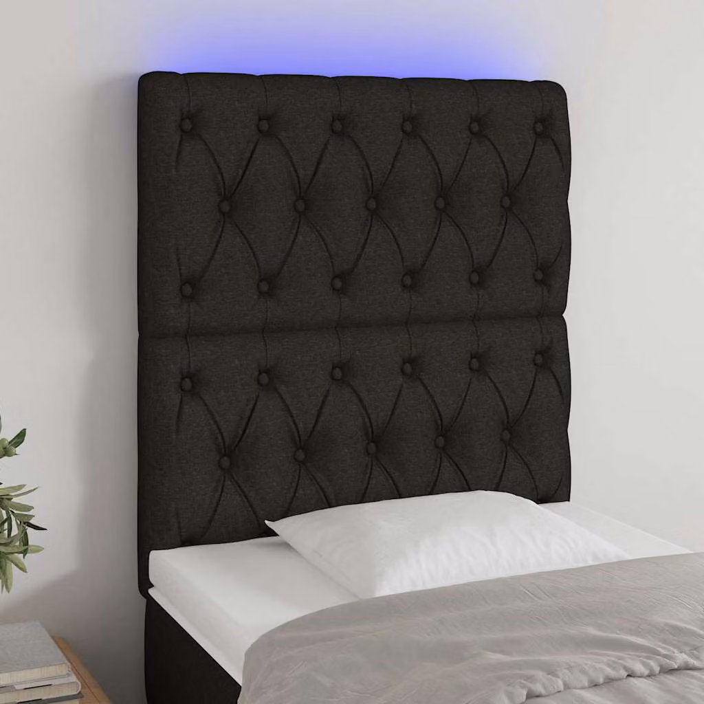 Testiera per letto vidaXL in tessuto nero con illuminazione LED integrata e porta di ricarica USB, L: 118-128 cm, H: 80 cm, P: 7 cm