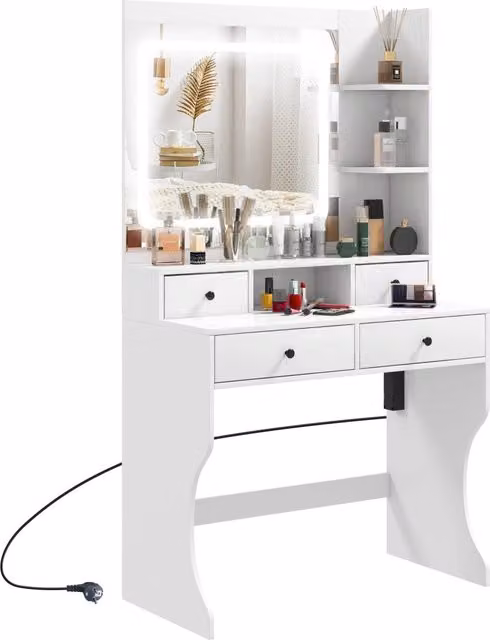 Consolle Trucco Hollywood con Luci LED a 3 Tonalità, Specchio e Prese USB GIORDANOSHOP Bianco, L 90 x P 45 x H 160 cm