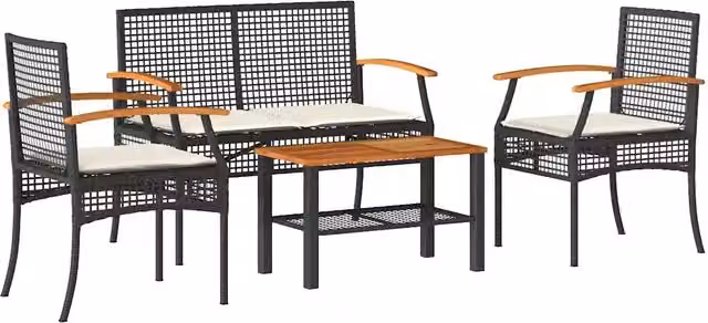 Set Salotto da Giardino Moderno 4 Pezzi con Tavolino e Cuscini in Polyrattan e Legno di Acacia, Colori Nero, Marrone e Beige