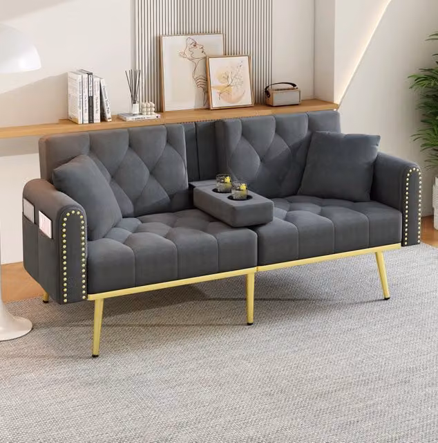 Divano letto 2 posti reclinabile 175x80x73;5 cm in velluto grigio con portabicchieri e tasche laterali