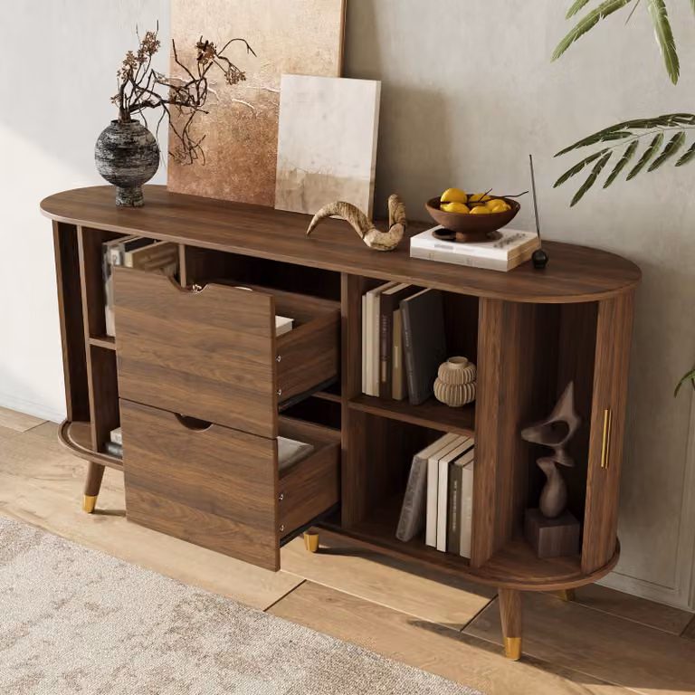 MODFU, mobile contenitore da 140 cm, con 2 ante scorrevoli e 2 cassetti, contenitore con gambe in legno massello, ideale per il soggiorno, finitura noce