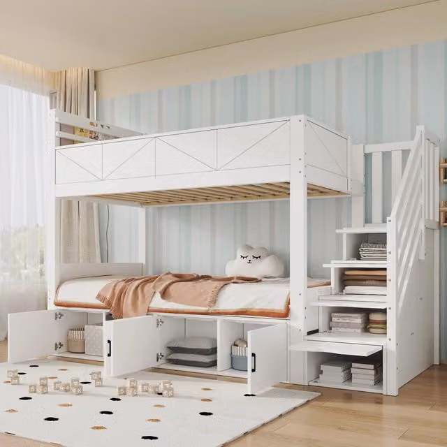 Letto a castello 90 × 200 cm con scala contenitore, armadi sotto letto, sponde alte, senza materasso, bianco