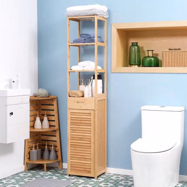 Armadio da bagno REDOM in bambù beige con ante a battente e ripiani interni L/P/H: 30 x 15 x 163 cm