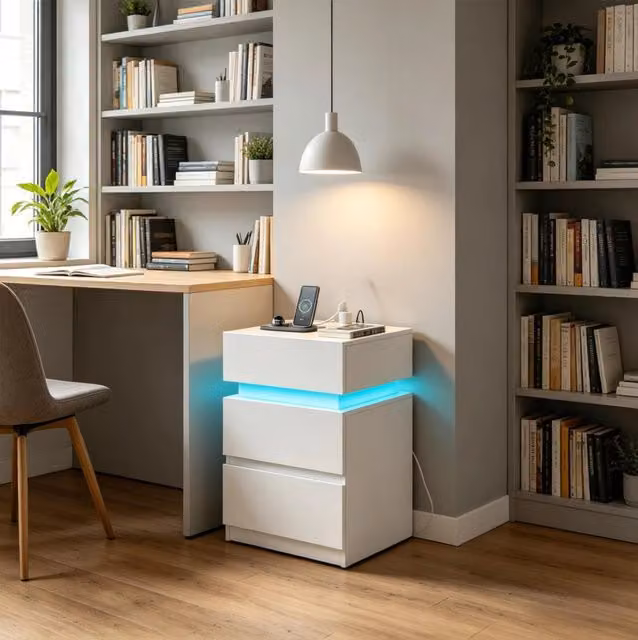 Set di 2 comodini bianchi con LED regolabile, prese USB e 2 cassetti