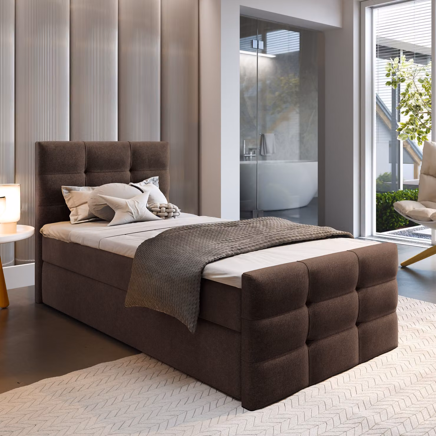 Letto a molle insacchettate Masseno AMON 90 90x200 cm completo di materasso e topper Bonell, letto imbottito con cassettiera - marrone, COSMIC 800