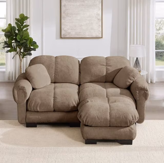 Divano angolare modulare in ciniglia marrone con pouf mobile HOMVRA