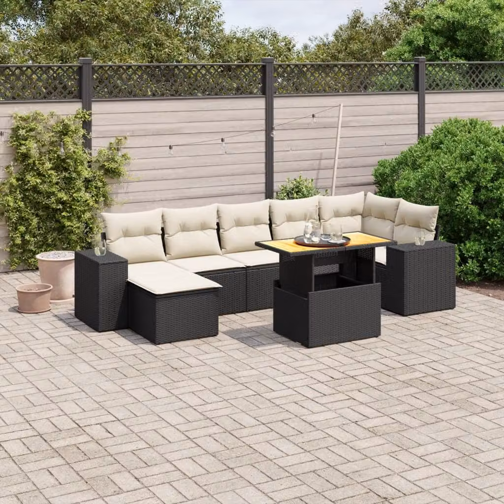 vidaXL Set Divani da Giardino a L in Polyrattan con Cuscini e Tavolino, 8 Pezzi, Nero e Bianco – 1