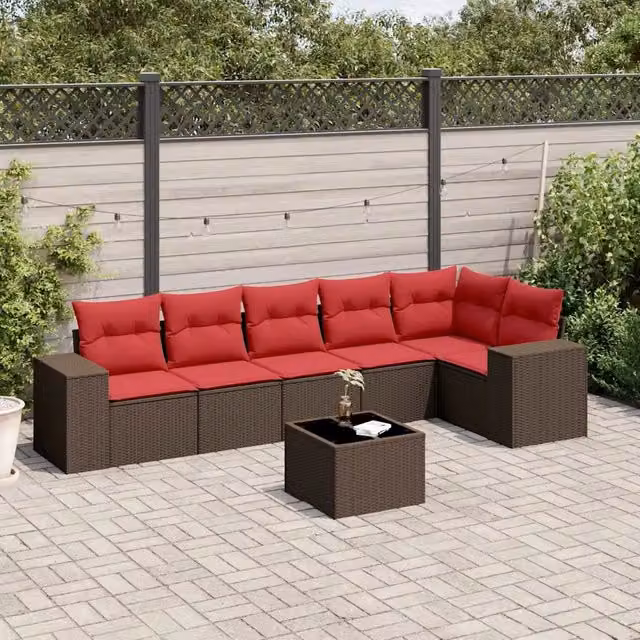 Set da giardino moderno vidaXL composto da 7 pezzi in polyrattan marrone con cuscini e tavolino da esterno – 1