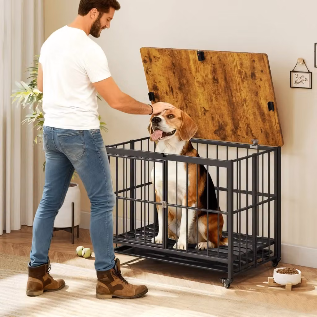 Cuccia pieghevole per cani con vassoio rimovibile e tavolino decorativo in metallo nero per razze piccole – 2