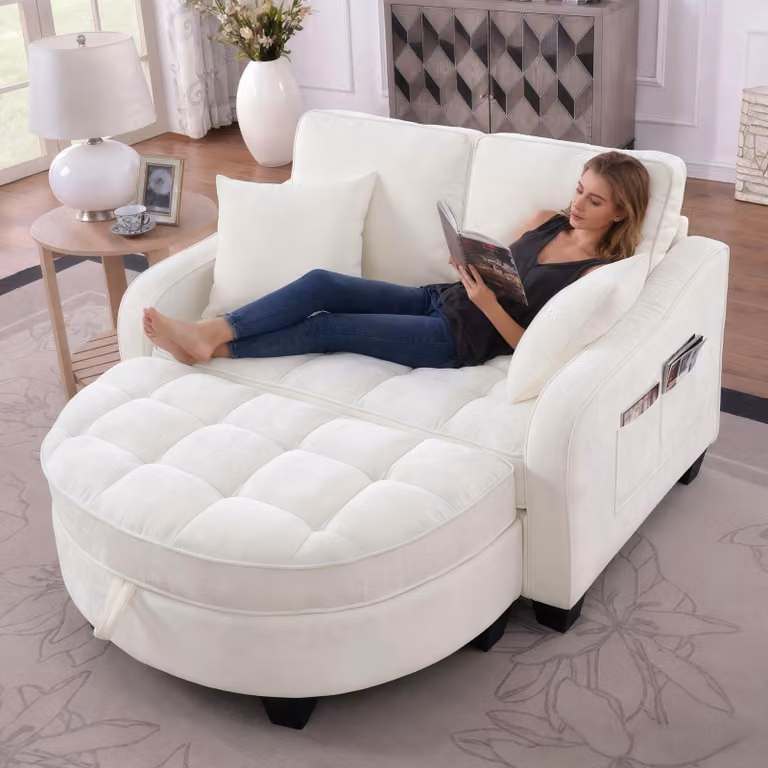 Divano lounge STILVORA, divano letto 2 in 1, con pouf contenitore, tessuto traspirante e delicato sulla pelle, ideale per salotti di piccole dimensioni e studi