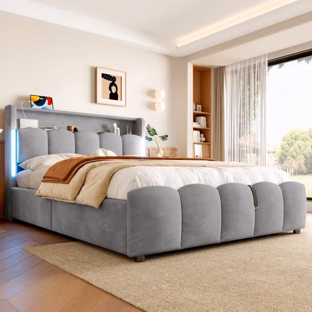 Letto contenitore imbottito in velluto 140 x 200 cm, letto matrimoniale con LED, USB, Type-C, testiera con contenitore e rete a doghe, grigio