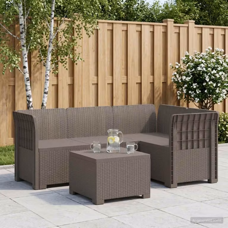 Set da giardino vidaXL moderno a forma di L con divano da 4 posti, elemento angolare, tavolino da caffè e cuscini in polyrattan grigio