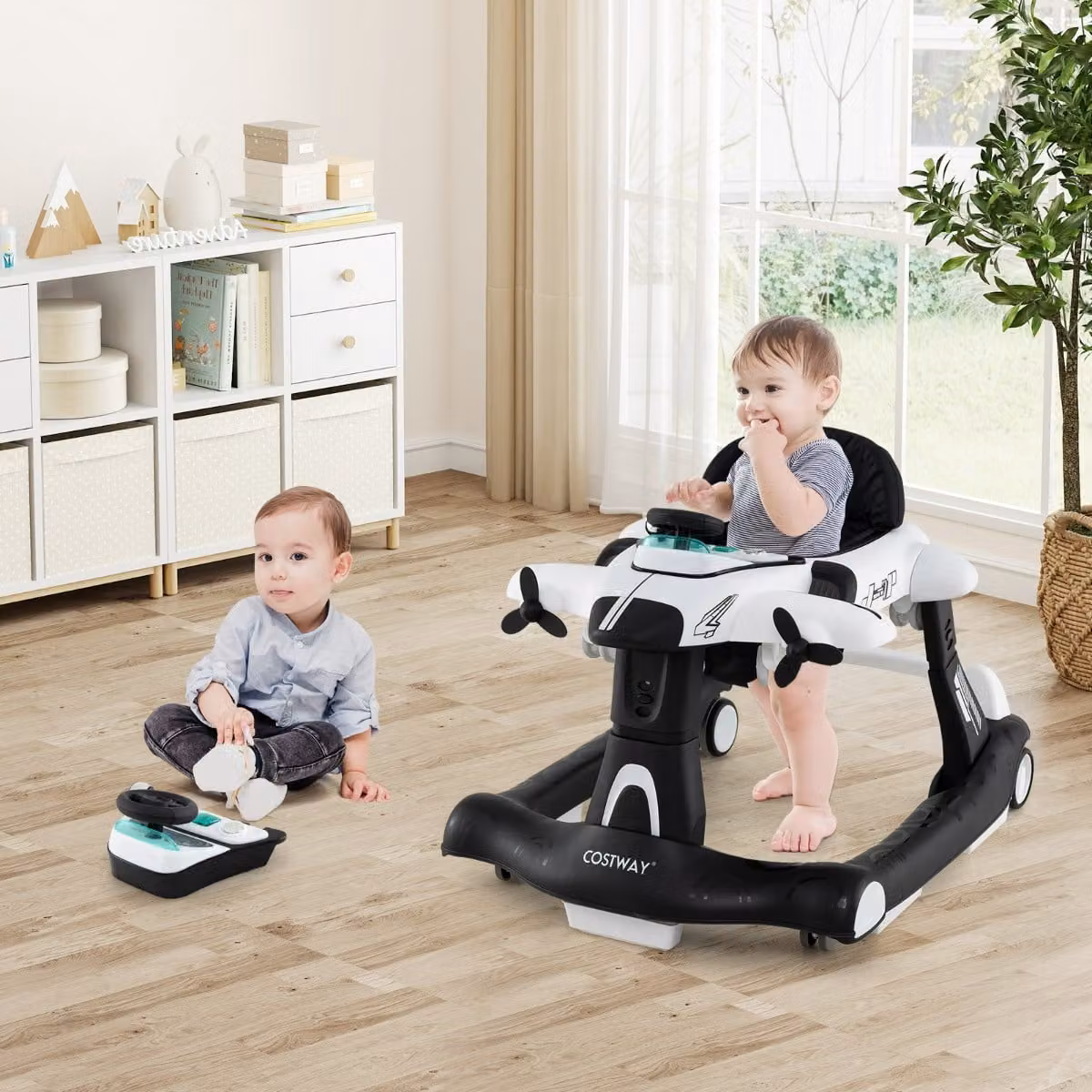 Costway Camminatore Pieghevole per Bambini 6 in 1 a Tema Aeroplano con Altezza Regolabile a 3 Livelli, Bianco